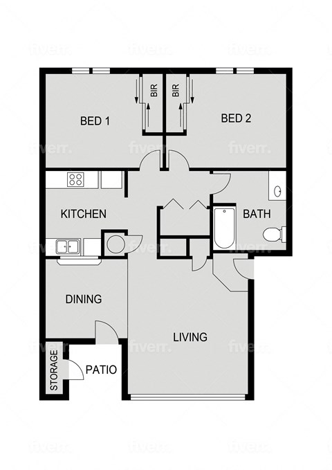 Floor plan for 2 beds, 1 bath, 886 sqft
